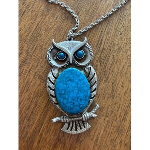 Vintage 70's Silver Tone Owl Pendant Necklace Blue Faux Turquoise Boho Statement